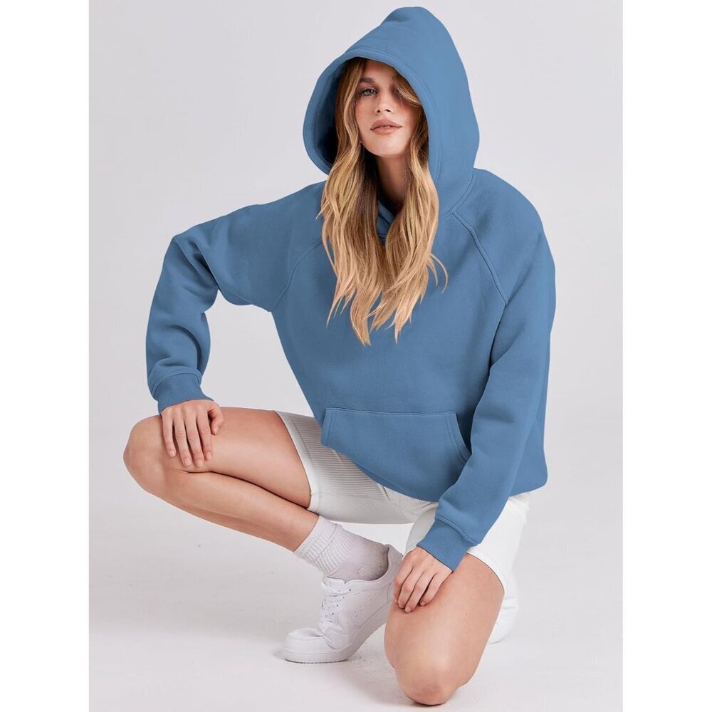 Women Deep Blue Hoodies Oversized Fleece Long Sleeve Comfy Casual Sweatshirts - Picture 7 of 9